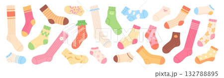 Funny cotton socks. Knee-highs wool, cotton high socks with ribbons, ornaments, decorative pumpkins. Isolated home foot accessories, racy vector clipart 132788895