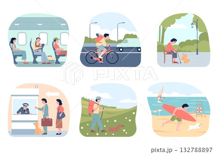 Vacations with pets. Happy owners hiking walking, rest on beach with dogs. Man travel with cat on plane or train, on railway station with puppy, recent vector scenes Vacations with pets. Happy owners hiking walking, rest on beach with dogs. Man travel with cat on plane or train, on railway station with puppy, recent vector scenes 132788897