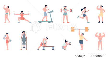 People bodybuilders. Muscular male and female characters training in gym and posing. Athletes doing exercises, fitness characters recent vector set People bodybuilders. Muscular male and female characters training in gym and posing. Athletes doing exercises, fitness characters recent vector set 132788898