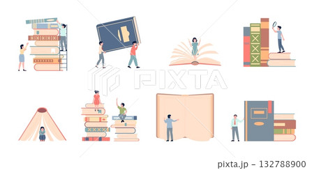 People and giant books. Book lovers characters, adults, teens with textbooks. Education, imagination training, lifestyle and hobby, recent vector scene People and giant books. Book lovers characters, adults, teens with textbooks. Education, imagination training, lifestyle and hobby, recent vector scene 132788900