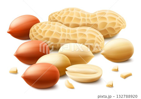 Set of shelled and unshelled peanuts, isolated on white background. For packaging with peanut butter, mix of nuts. Vegetable protein for vegetarians, healthy product. Realistic vector 3D illustration. 132788920