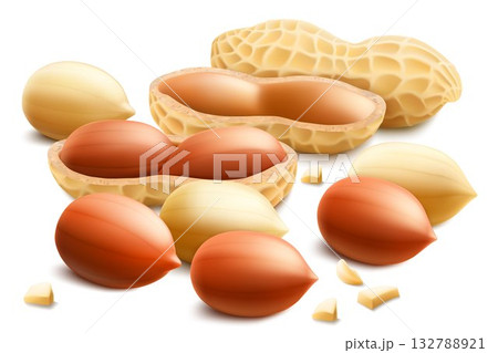 Set of shelled and unshelled peanuts, isolated on white background. For packaging with peanut butter, mix of nuts. Vegetable protein for vegetarians, healthy product. Realistic vector 3D illustration. 132788921