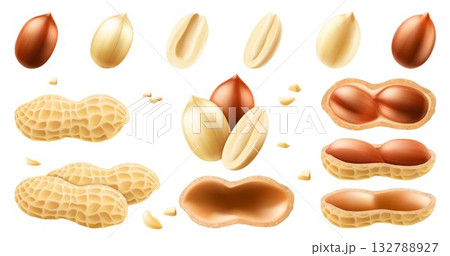 Set of whole and half peanuts, isolated on white background. For packaging with peanut butter, mix of nuts. Vegetable protein for vegetarians, healthy product. Realistic vector 3D illustration. Set of whole and half peanuts, isolated on white background. For packaging with peanut butter, mix of nuts. Vegetable protein for vegetarians, healthy product. Realistic vector 3D illustration. 132788927