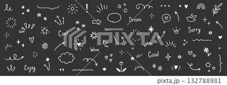 Line arrow, star, heart cute icon elements. Hand drawn sketch heart, arrow, star, flower decoration symbols. Simple sketch line style emphasizes abstract elements on chalkboard. Vector 132788981
