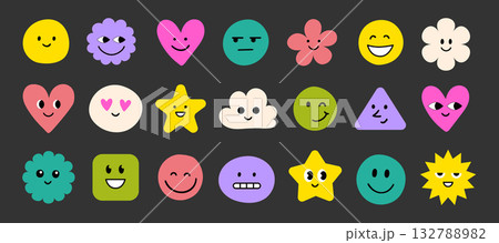 Face smile emoji doodle icon sticker set. Cute kid doodle hand drawn style funny face emoji smile, happy, sad sticker. Funny cartoon emoticon heart, star, flower shape. Vector Face smile emoji doodle icon sticker set. Cute kid doodle hand drawn style funny face emoji smile, happy, sad sticker. Funny cartoon emoticon heart, star, flower shape. Vector 132788982