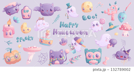 A set of cute Halloween characters. Ghost, Cat, Pumpkin, Bat, Spider, RIP, Fly agaric, Potion, Owl, witch's cauldron. Children's cartoon vector illustration for postcards, banners, prints, stickers 132789002