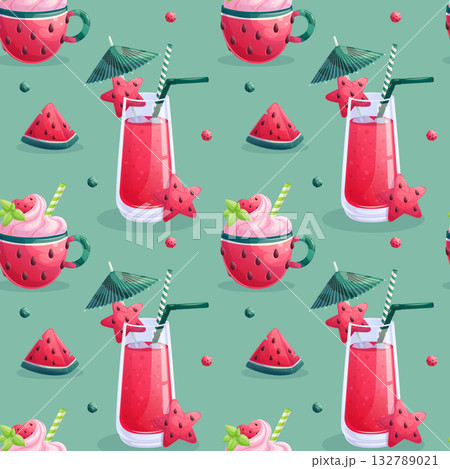 Seamless pattern with watermelon drink, dessert in a cup, slice of watermelon. The concept of a summer, cafe, restaurant. Vector illustration of the design of postcards, clothing, textiles, banners 132789021