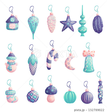 A set of painted Christmas tree toys on a white background. Festive glass balls. The concept of Christmas, New Year. Isolated vector illustration for the design of poster, banner, website A set of painted Christmas tree toys on a white background. Festive glass balls. The concept of Christmas, New Year. Isolated vector illustration for the design of poster, banner, website 132789022