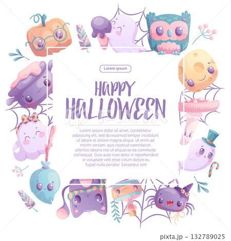 Cute background for Halloween invitation or greeting card. Ghost, cat, pumpkin, bat, spider, fly agaric, potion, owl, witch's cauldron for posters, flyers, postcards and banners. Vector illustration Cute background for Halloween invitation or greeting card. Ghost, cat, pumpkin, bat, spider, fly agaric, potion, owl, witch's cauldron for posters, flyers, postcards and banners. Vector illustration 132789025