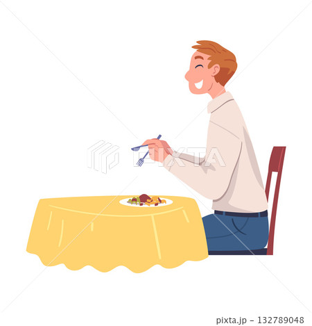 Man Character Eating Food at Home Sitting at Table with Knife and Fork Vector Illustration Man Character Eating Food at Home Sitting at Table with Knife and Fork Vector Illustration 132789048