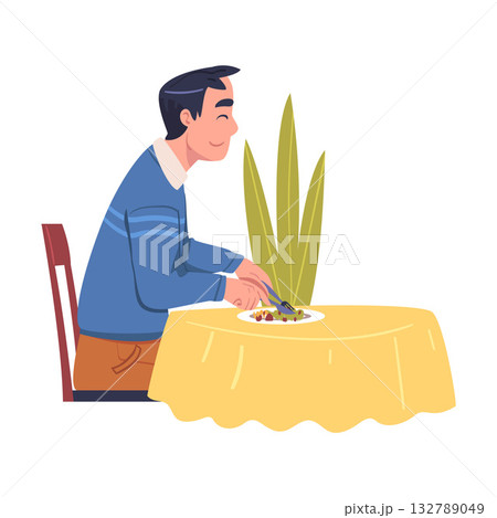Man Character Eating Food at Home Sitting at Table with Knife and Fork Vector Illustration 132789049