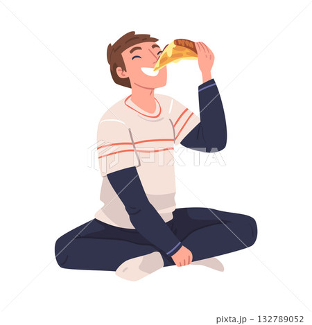 Man Character Eating Food at Home Sitting on the Floor with Slice of Pizza Vector Illustration Man Character Eating Food at Home Sitting on the Floor with Slice of Pizza Vector Illustration 132789052