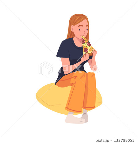 Woman Character Eating Food at Home Sitting on Pillow with Slice of Pizza Vector Illustration 132789053