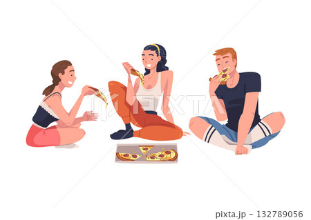 Group of Friend Character Eating Food at Home Sitting on the Floor with Pizza Vector Illustration 132789056