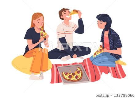 Group of Friend Character Eating Food at Home Sitting on the Floor with Pizza Vector Illustration Group of Friend Character Eating Food at Home Sitting on the Floor with Pizza Vector Illustration 132789060