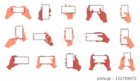 Hands holding blank phones. Hand hold smartphone horizontal vertical position, cell phone pose mockup finger touch screen gesture mobile template set, classy vector illustration original artwork Hands holding blank phones. Hand hold smartphone horizontal vertical position, cell phone pose mockup finger touch screen gesture mobile template set, classy vector illustration original artwork 132789072