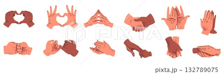 Hands holding together. Two interracial hand, couple love heart gesture child parent handshake palms fist touch applause clap support community team care classy vector illustration original artwork 132789075