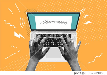 Hands keyboard collage. Hand writing on laptop or computer, writer seo text type internet work communication digital technology retro paper news creative exact vector illustration original artwork 132789080
