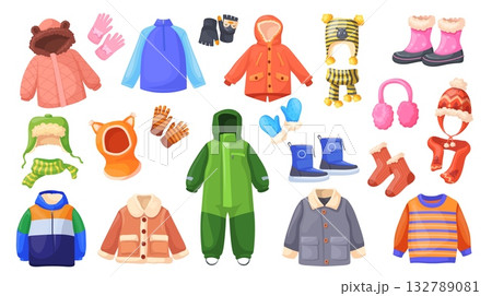 Children winter clothes. Baby kids warm apparel, cold autumn season fashion child outfit coat jacket hat cap sweater scarf vest stocking cardigan mitten, neat vector illustration original artwork 132789081