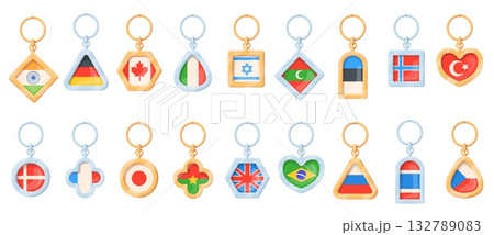 Travel keychains. Keyrings with world flags logo labels, tourist promotion tour advertising key chain india canada brazil country tags global marketing, neat vector illustration original artwork Travel keychains. Keyrings with world flags logo labels, tourist promotion tour advertising key chain india canada brazil country tags global marketing, neat vector illustration original artwork 132789083