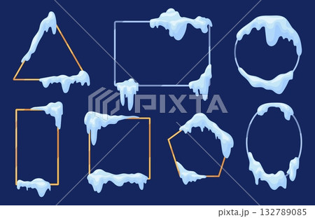 Snow cap frames. Winter frame snowy roof effect, melt icicles arctic frost border ice ring christmas snowflake circle shape borders banner abstract design, neat vector illustration original artwork Snow cap frames. Winter frame snowy roof effect, melt icicles arctic frost border ice ring christmas snowflake circle shape borders banner abstract design, neat vector illustration original artwork 132789085