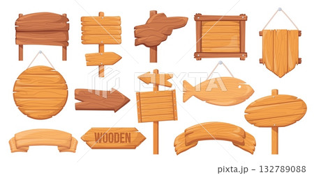 Cartoon wooden signboards. Wood signs set, game ui plank signboard farm signage old billboard wild west post western boards arrow signpost panel banners, neat vector illustration original artwork Cartoon wooden signboards. Wood signs set, game ui plank signboard farm signage old billboard wild west post western boards arrow signpost panel banners, neat vector illustration original artwork 132789088