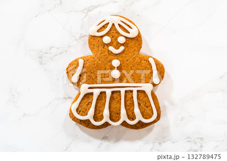 A single decorated gingerbread girl cookie on a marble countertop, showcasing its intricate royal icing dress and smiling face. A single decorated gingerbread girl cookie on a marble countertop, showcasing its intricate royal icing dress and smiling face. 132789475