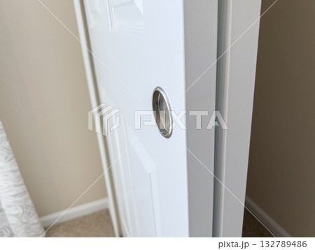 A minimal recessed handle is shown on a white sliding closet door. The trim and nearby carpet are also visible in this tight interior shot. 132789486