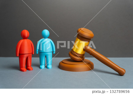 Two persons and a judge's gavel. A trial and two parties to a conflict. Resolving disputes and conflicts in court. Legal services, court proceedings, mediation, and law education materials. 132789656