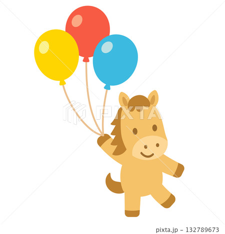カラフルな風船で降り立つ可愛いうまのキャラクターイラスト カラフルな風船で降り立つ可愛いうまのキャラクターイラスト 132789673