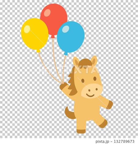 カラフルな風船で降り立つ可愛いうまのキャラクターイラスト カラフルな風船で降り立つ可愛いうまのキャラクターイラスト 132789673