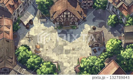 Isometric castle ruins on hill for game map. Broken walls and overgrown vines create mystic vibe. Ideal for DND fantasy terrain. 132789843