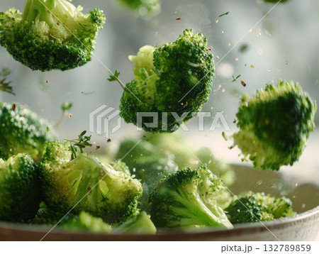 Fresh broccoli florets flying, cooking...のイラスト素材 [132789859] - PIXTA