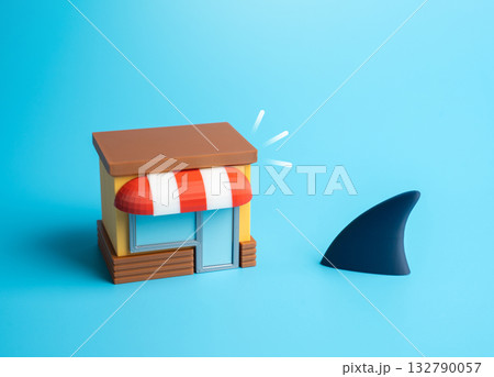 Business is in danger. A shark fin approaches the store. A threat to the financial stability of business, a harbinger of a crisis. Market aggression, competition, and risk of bankruptcy. 132790057