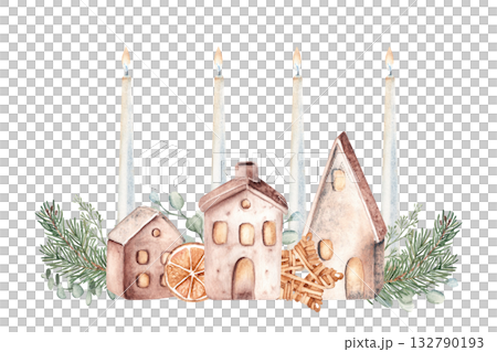 Christmas Advent Composition. Fourth Advent. Candles with Ceramic houses in Fir Branches and eucalyptus. Orange slice and Winter berries. Cozy home decoration in Rustic style. Watercolor Hand drawn 132790193