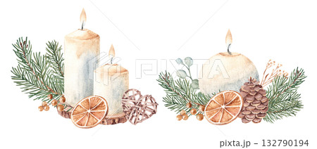 Christmas Candle Composition set with Fir Branches, dry Orange slice and Wicker Toy. Watercolor illustration isolated on white background. For Cards and Prints. Christmas Candle Composition set with Fir Branches, dry Orange slice and Wicker Toy. Watercolor illustration isolated on white background. For Cards and Prints. 132790194