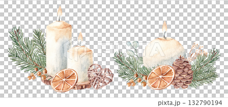 Christmas Candle Composition set with Fir Branches, dry Orange slice and Wicker Toy. Watercolor illustration isolated on white background. For Cards and Prints. Christmas Candle Composition set with Fir Branches, dry Orange slice and Wicker Toy. Watercolor illustration isolated on white background. For Cards and Prints. 132790194