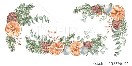 Winter plants Watercolor compositions set. Christmas or New Year bouquets. Fir Branches, Eucalyptus, Pine Cones and dry Orange slices with blue Glass Balls. Hand drawn Botanical illustration isolated 132790195