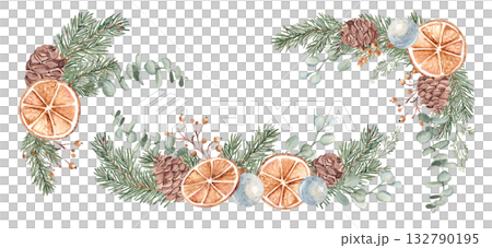 Winter plants Watercolor compositions set. Christmas or New Year bouquets. Fir Branches, Eucalyptus, Pine Cones and dry Orange slices with blue Glass Balls. Hand drawn Botanical illustration isolated 132790195