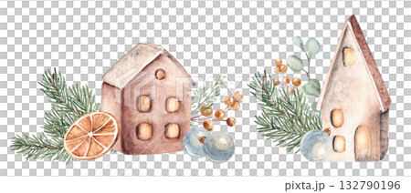 Christmas Watercolor Compositions set. Ceramic houses with Fir Branches, orange and eucalyptus. Cozy home decoration in Rustic style. Hand drawn illustration isolated on a background. For Christmas or 132790196