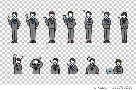手描きイラスト：いろんな表情のスーツ男性 132790219