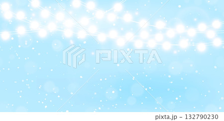 Vector white transparent snowfall Christmas lights on blue background. Winter design Xmas glowing garlands. New year light effect. Christmas decoration, LED lamp 132790230