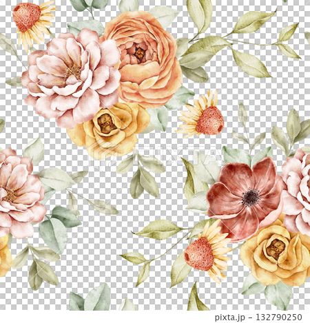 Seamless watercolor floral pattern with sunflowers, peonies, roses, and foliage in warm autumn tones. Perfect for fabric, wrapping paper, or seasonal prints. Part of Golden Hour set. Autumn flowers Seamless watercolor floral pattern with sunflowers, peonies, roses, and foliage in warm autumn tones. Perfect for fabric, wrapping paper, or seasonal prints. Part of Golden Hour set. Autumn flowers 132790250