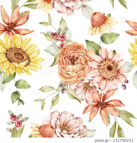 Seamless watercolor floral pattern with sunflowers, peonies, roses, and foliage in warm autumn tones. Perfect for fabric, wrapping paper, or seasonal prints. Part of Golden Hour set. Autumn flowers 132790251