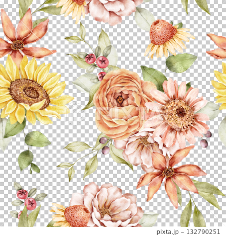 Seamless watercolor floral pattern with sunflowers, peonies, roses, and foliage in warm autumn tones. Perfect for fabric, wrapping paper, or seasonal prints. Part of Golden Hour set. Autumn flowers 132790251