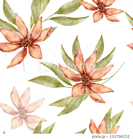 Seamless watercolor floral pattern with autumn inspired flowers in shades of peach and burgundy, with soft green leaves. Part of Golden Hour set, perfect for fabrics, wallpapers, or packaging. 132790252