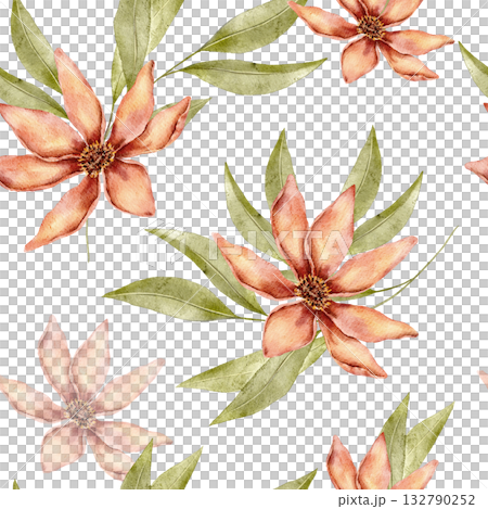 Seamless watercolor floral pattern with autumn inspired flowers in shades of peach and burgundy, with soft green leaves. Part of Golden Hour set, perfect for fabrics, wallpapers, or packaging. 132790252