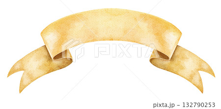 Curved yellow watercolor ribbon with curling edges isolated on white background. Blank hand painted banner for text perfect for packaging design holiday card or product label. Great for printing. 132790253