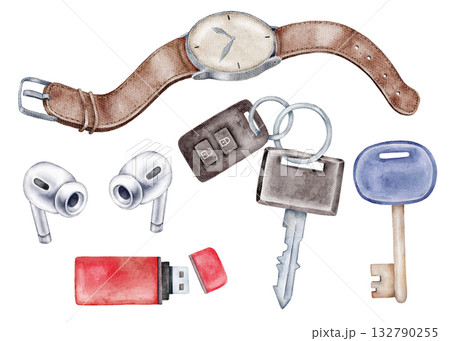 watercolor heart clipart isolated on white with modern men's accessories - glasses, watches, wireless earphones USB stick, key fob. Perfect for DIY cards, postcards, Fathers day decor 132790255