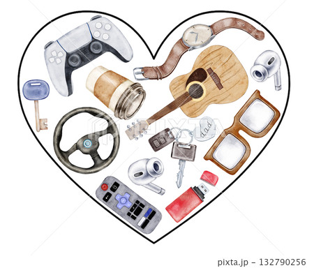 A soft pastel heart filled with male symbols like keys, game controller, glasses and coffee. Cozy design for Father Day, greeting cards, posters, or lifestyle media 132790256